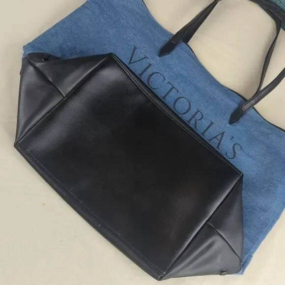 Victoria's Secret Blue & Black Denim & PU Lightweight Tote Bag - Picture 7 of 12